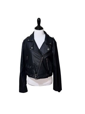 New Look Women's L Large Faux Leather Moto Jacket Cropped Fit Biker Black